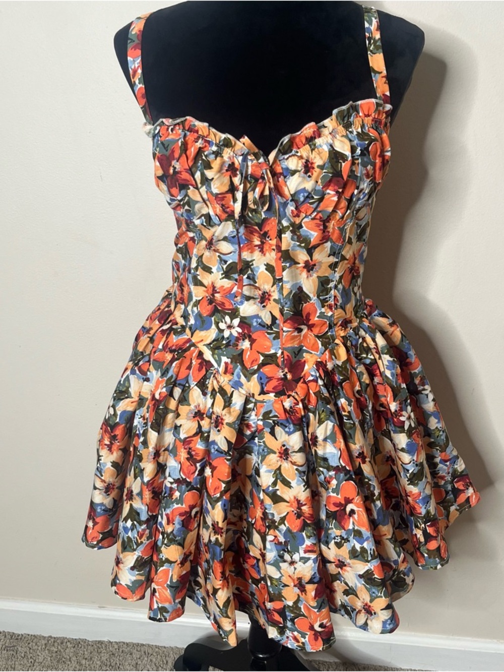 SHEIN Red & Cream Floral Sleeveless Mini Dress with Sweetheart Bodice Sz L - Picture 2 of 14